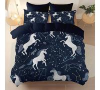 Sets Housse de Couette Élégant et Unique 240 x 220 cm, Respirant et Super Doux Parure de Lit Espace Géométrie Étoiles Licorne, Parfait pour n'importe Quelle pièce Fermeture à glissière, Bleu Marine