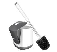 SetSail Brosse WC et Support, Couvercle à Fermeture Automatique, Support de brosses de Toilette et poignée Extra Longue ventilée pour Le Nettoyage de la Salle de Bain, Poils en Nylon, Blanc et Gris