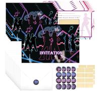 Settar 12 Cartes d'Invitation Anniversaire Thème Kpop avec Enveloppes,Invitation Créative à Gratter Carte Anniversaire Néon,Carte a Gratter et Autocollants de Scellement Ronds