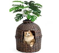 SETVSON Meuble de litière pour chat - Bac à litière caché avec plantes artificielles, enclos en rotin, salon (marron)