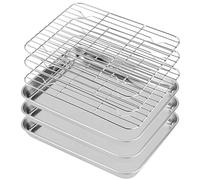 SEUNMUK Lot de 3 plaques de cuisson avec grille de cuisson (3 feuilles et 3 grilles), 23,6 x 17,5 x 2,5 cm, plaque de cuisson en acier inoxydable avec grille pour barbecue, camping et pique-nique