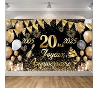 Seutgjie Banderole Joyeux 20 Ans 2005-2025, Décoration 20 Ans Toile de Fond Anniversaire 20 Ans Femme Homme, Bannière Joyeux Anniversaire pour Fête, Or Noir 180 x 110 cm
