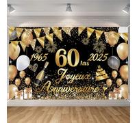 Seutgjie Banderole Joyeux 60 Ans 1965-2025, Décoration 60 Ans Toile de Fond Anniversaire 60 Ans Femme Homme, Bannière Joyeux Anniversaire pour Fête, Or Noir 180 x 110 cm