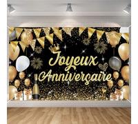 Seutgjie Banderole Joyeux Anniversaire, Décoration Anniversaire Toile de Fond Anniversaire Hommes/Femmes, Bannière Joyeux Anniversaire pour Fête, Or Noir 180 x 110 cm