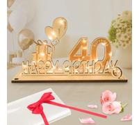 Seutgjie Carte Anniversaire 40 Ans, Décoration d’anniversaire Cadeau Homme Femme avec Chaîne Lumineuse LED & Nœud Papillon & Papier Cadeau, Panneau en Bois Cadeau Argent Décoration de Table Livre d'or