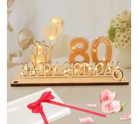 Seutgjie Carte Anniversaire 80 Ans, Décoration d’anniversaire Cadeau Homme Femme avec Chaîne Lumineuse LED & Nœud Papillon & Papier Cadeau, Panneau en Bois Cadeau Argent Décoration de Table Livre d'or