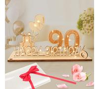 Seutgjie Carte Anniversaire 90 Ans, Décoration d’anniversaire Cadeau Homme Femme avec Chaîne Lumineuse LED & Nœud Papillon & Papier Cadeau, Panneau en Bois Cadeau Argent Décoration de Table Livre d'or