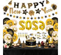 Seutgjie Decoration Nouvel An 2026 - Banderole, Nappe, Ballons 2026 Géants Dorés, Décoration pour Gâteau, Cotillons, Ballons en Latex, Bonne année Chapeaux et Lunettes