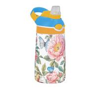 Sevdomey Belle bouteille d'eau à motif floral pour enfants avec paille pour filles et garçons, en acier inoxydable, isolée et étanche, 480 ml pour l'école, la crèche, les voyages, le sport