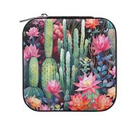 Sevdomey Boîte à bijoux aquarelle cactus en cuir synthétique pour femmes et filles, doublure en velours, étui de rangement portable pour bagues, boucles d'oreilles, colliers, bracelets