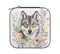 Sevdomey Boîte à bijoux aquarelle loup en cuir synthétique pour femmes et filles, doublure en velours, étui de rangement portable pour bagues, boucles d'oreilles, colliers, bracelets