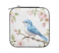 Sevdomey Boîte à bijoux aquarelle oiseau bleu en cuir synthétique pour femmes et filles, doublure en velours, étui de rangement portable pour bagues, boucles d'oreilles, colliers, bracelets