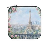 Sevdomey Boîte à bijoux aquarelle Tour Eiffel en cuir synthétique pour femmes et filles, doublure en velours, étui de rangement portable pour bagues, boucles d'oreilles, colliers, bracelets