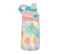 Sevdomey Bouteille d'eau à fleurs colorées pour enfants avec paille pour filles et garçons, isolation en acier inoxydable étanche 480 ml pour école, crèche, voyage, sport