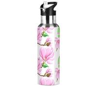 Sevdomey Bouteille d'eau avec couvercle à paille - 950 ml - Motif fleurs de magnolia - Bouteille d'eau isotherme en acier inoxydable pour sport, cyclisme, randonnée, gym, école, maison