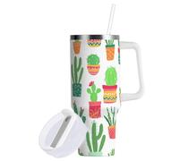 Sevdomey Gobelet à cactus coloré en pot de 40 oz avec poignée et couvercle à paille pour eau de thé glacé ou café glacé, tasse à café de voyage isotherme anti-fuite en acier inoxydable