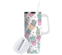 Sevdomey Gobelet à cactus en pot coloré de 30 oz avec poignée et couvercle à paille pour l'eau du thé ou du café glacé, tasse à café de voyage isotherme anti-fuite en acier inoxydable