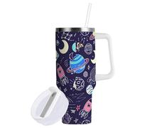 Sevdomey Gobelet à café de voyage avec poignée et couvercle à paille pour thé glacé ou café glacé, en acier inoxydable, isotherme, anti-fuite, 40 ml, motif planètes colorées