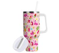 Sevdomey Gobelet à café de voyage avec poignée et couvercle à paille pour thé glacé ou café glacé, en acier inoxydable, isotherme, étanche, 127 ml, motif flamants roses