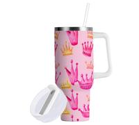 Sevdomey Gobelet à café de voyage en forme de couronnes d'aquarelle de 76,2 ml avec poignée et couvercle à paille - Pour thé ou café glacé - En acier inoxydable - Isolation étanche - Tasse à café de