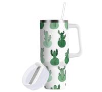 Sevdomey Gobelet à café de voyage isotherme en acier inoxydable avec poignée et couvercle à paille pour thé glacé ou café - Motif cactus mignon - 40 oz