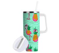 Sevdomey Gobelet à café de voyage isotherme en acier inoxydable avec poignée et couvercle à paille pour thé glacé ou café glacé, 97 ml, motif flamants roses