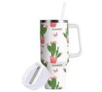 Sevdomey Gobelet à motif de cactus avec fleurs de 97,2 ml avec poignée et couvercle à paille pour thé glacé ou café glacé, en acier inoxydable, isotherme, anti-fuite, tasse à café de voyage