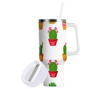 Sevdomey Gobelet à motif de cactus colorés de 122,7 ml avec poignée et couvercle à paille pour thé glacé ou café - Gobelet isotherme anti-fuite en acier inoxydable - Tasse à café de voyage - Cadeau