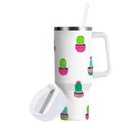 Sevdomey Gobelet à motif de cactus colorés de 96,2 ml avec poignée et couvercle à paille pour thé ou café glacé - Gobelet isotherme anti-fuite en acier inoxydable - Tasse à café de voyage - Cadeau