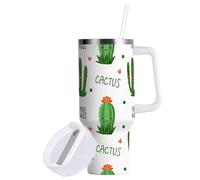 Sevdomey Gobelet à motif de cactus mignons de 97 ml avec poignée et couvercle à paille pour eau de thé glacé ou café - Gobelet isotherme anti-fuite en acier inoxydable - Tasse à café de voyage