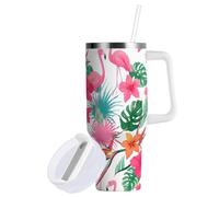 Sevdomey Gobelet à motif de flamants roses de 30 oz avec poignée et couvercle à paille pour eau de thé glacé ou café - Gobelet isotherme anti-fuite en acier inoxydable - Tasse à café de voyage