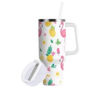 Sevdomey Gobelet à motif de flamants roses de 30 oz avec poignée et couvercle à paille pour eau de thé glacé ou café - Gobelet isotherme anti-fuite en acier inoxydable - Tasse à café de voyage