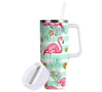 Sevdomey Gobelet à motif de flamants roses de 30 oz avec poignée et couvercle à paille pour eau de thé glacé ou café - Gobelet isotherme anti-fuite en acier inoxydable - Tasse à café de voyage