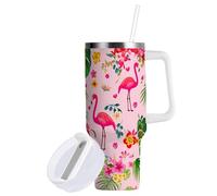 Sevdomey Gobelet à motif de flamants roses de 30 oz avec poignée et couvercle à paille pour eau de thé glacé ou café - Gobelet isotherme anti-fuite en acier inoxydable - Tasse à café de voyage