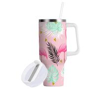 Sevdomey Gobelet à motif de flamants roses de 30 oz avec poignée et couvercle à paille pour eau de thé glacé ou café - Gobelet isotherme anti-fuite en acier inoxydable - Tasse à café de voyage