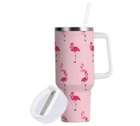 Sevdomey Gobelet à motif de flamants roses de 30 oz avec poignée et couvercle à paille pour eau de thé glacé ou café - Gobelet isotherme anti-fuite en acier inoxydable - Tasse à café de voyage