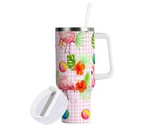 Sevdomey Gobelet à motif de flamants roses de 40 ml avec poignée et couvercle à paille pour thé glacé ou café - Gobelet isotherme anti-fuite en acier inoxydable - Tasse à café de voyage - Cadeau idéal