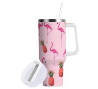 Sevdomey Gobelet à motif de flamants roses de 40 ml avec poignée et couvercle à paille pour thé glacé ou café - Gobelet isotherme anti-fuite en acier inoxydable - Tasse à café de voyage - Cadeau idéal