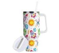Sevdomey Gobelet à motif spatial de 76,2 ml avec poignée et couvercle à paille pour thé glacé ou café - En acier inoxydable isotherme anti-fuite - Tasse à café de voyage - Cadeau idéal