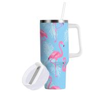 Sevdomey Gobelet isotherme anti-fuite en acier inoxydable avec poignée et couvercle à paille pour thé ou café glacé, 97 ml, motif flamants roses et feuilles