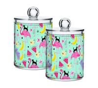 Sevdomey Lot de 2 pots d'apothicaire en plastique transparent avec couvercle pour salle de bain Motif flamants roses tropicaux