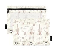 Sevdomey Lot de 2 Trousses à Crayons à Motif Wild West avec 3 Anneaux avec fenêtre Transparente, Sac à Fermeture éclair pour Bureau, Motif Far West, 7.08 * 9.84 inch, Pochette Crayon