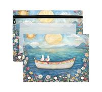 Sevdomey Lot de 2 trousses à crayons bateau avec oiseaux avec 3 anneaux avec fenêtre transparente, sac à fermeture éclair pour bureau, Bateau avec oiseaux, 7.08*9.85 inch, POCHETTE CRAYON