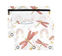 Sevdomey Lot de 2 trousses à crayons libellules et ailes rouges à 3 anneaux avec fenêtre transparente pour le bureau, Libellules et ailes rouges, 7.08*9.85 inch, POCHETTE CRAYON