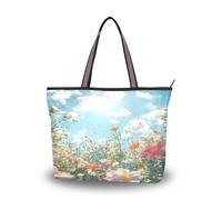 Sevdomey Meadow Sac fourre-tout coloré pour femme avec fermeture éclair, sac à main en toile de grande capacité pour le travail, les voyages et le shopping, Fleurs sauvages colorées des prés, 45 x 33