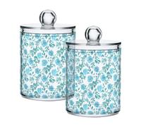 Sevdomey Qtip Lot de 2 pots d'apothicaire en plastique transparent avec couvercle pour boules de coton, cotons-tiges, tampons ronds et fil dentaire Motif fleurs bleues