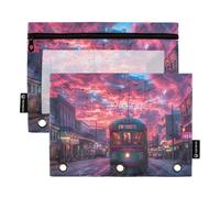 Sevdomey Streetcar at Sunset Lot de 2 Trousses à Crayons à 3 Anneaux avec fenêtre Transparente pour Bureau, Tramway au Coucher du Soleil, 7.08 * 9.84 inch, Pochette Crayon