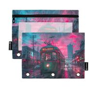 Sevdomey Streetcar at Sunset Lot de 2 Trousses à Crayons à 3 Anneaux avec fenêtre Transparente pour Bureau, Tramway au Coucher du Soleil, 7.08 * 9.84 inch, Pochette Crayon