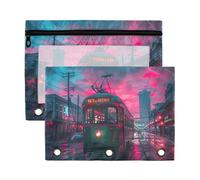 Sevdomey Streetcar at Sunset Lot de 2 trousses à crayons à 3 anneaux avec fenêtre transparente pour bureau, Tramway au coucher du soleil, 7.08*9.85 inch, POCHETTE CRAYON