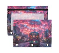 Sevdomey Streetcar at Sunset Lot de 2 trousses à crayons à 3 anneaux avec fenêtre transparente pour bureau, Tramway au coucher du soleil, 7.08*9.85 inch, POCHETTE CRAYON